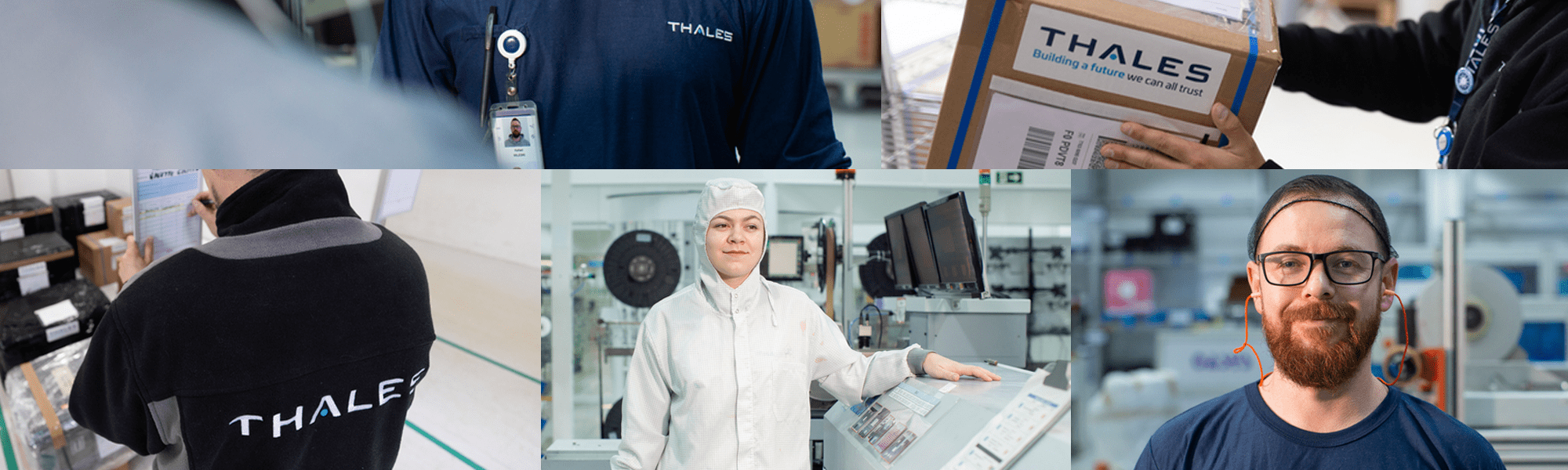 Thalesin työntekijöitä logistiikassa ja tehtaalla.